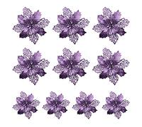 SIYANO 10Pcs Christmas Glittered Mesh Holly Leaf Artificial Poinsettia Flowers Picks Tree Ornaments 9cm for Christmas Tree Wreath Garland Floral Gift Winter Wedding Holiday Decoration,Purple