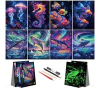 SiYear Scratch Art for Adults-Glow in The Dark Scratch Painting Craft Kit |Foil Engraving Art Set|Stress Relief Gift for Craft Lovers|Creative Scratch Art Home Decor(Whales+Jellyfish/8PACK-A4)