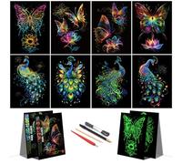 SiYear Scratch Art for Adults-Glow in The Dark Scratch Painting Craft Kit |Foil Engraving Art Set|Stress Relief Gift for Craft Lovers|Creative Scratch Art Home Decor(Peacock + Butterfly/8PACK-A4)