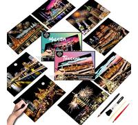 SiYear Scratch Art Painting Paper Set for Adults & Kids,Landmark Building City Series Night Scene,Scratchboard Creative Gift DIY Foil Engraving Crafts with 4 Tools (Asian Series-8pack)