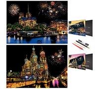 SiYear Scratch Art Painting Paper Set for Adults & Kids,Landmark Building City Series Night Scene,Scratchboard Creative Gift DIY Foil Engraving Crafts with 4 Tools (A3-Church Series)