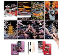 SiYear Scratch Art Painting Paper Set for Adults & Kids,Landmark Building City Series Night Scene,Scratchboard Creative Gift DIY Foil Engraving Crafts with 4 Tools (Asian Series-A3-8Pack)