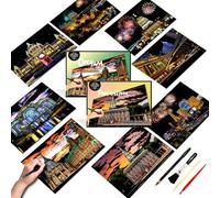 SiYear Scratch Art Painting Paper Set for Adults,Landmark Building City Series Night Scene,Scratchboard Creative Gift DIY Foil Engraving Crafts with 4 Tools (American Series-8Pack)