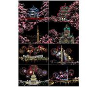 SiYear Scratch Paper Rainbow Painting Sketch, City Series Night Scene,Scratch Painting Creative Gift,Scratchboard for Adult with 4 Tools（Fireworks + Cherry Blossoms Series）