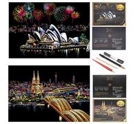 SiYear Scratch Paper Rainbow Painting Sketch, City Series Night Scene,Scratch Painting Creative Gift,Scratchboard for Adult and Kids with 4 Tools（Sydney + Cologne Cathedral）