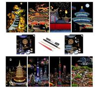 SiYear Scratch Paper Rainbow Painting Sketch, City Series Night Scene,Scratch Painting Creative Gift,Scratchboard for Adult with 4 Tools（Beijing + Shanghai）