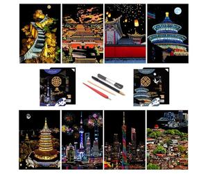 SiYear Scratch Paper Rainbow Painting Sketch, City Series Night Scene,Scratch Painting Creative Gift,Scratchboard for Adult with 4 Tools（Beijing + Shanghai）