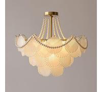 SIYGANK Frosted Glass Chandelier Gold 20" Pearl Art Deco Sea Shell Chandelier 4 Tier Large Semi Flush Mount Ceiling Light Round Nordic Modern Pendant Light For Girls Bedroom Living Room Kitchen Islan