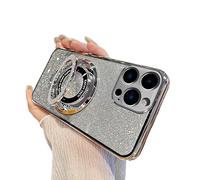 SIYOPINPFY Case for iPhone 15 Pro Max Case Glitter Sparkly Diamond Deluxe Plating Silicon TPU Soft Cover Camera Protector with Magnetic Ring Stand Holder Cover for iPhone 15 Pro Max, Shiny Silver