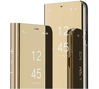 SIYOPINPFY Case for Samsung Galaxy S25 Edge, Deluxe Glitter Plating Mirror Makeup Clear View Shell 360 Full Body Protective Flip Stand Shockproof Phone Case for Samsung S25 Edge, Mirror Gold