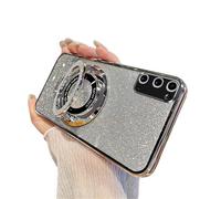 SIYOPINPFY Case for Samsung Galaxy S25 FE Case Glitter Sparkly Diamond Deluxe Plating Silicon TPU Soft Cover Camera Protector with Magnetic Ring Stand Holder for Samsung Galaxy S25 FE, Shiny Silver