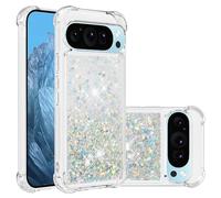 SIYOPINPFY Compatible With Google Pixel 9 Pro XL Case Glitter for Women Girls Girly Bling Sparkle Deluxe Flowing Floating Quicksand Clear Phone Cover Case for Google Pixel 9 Pro XL - Love Silver YB