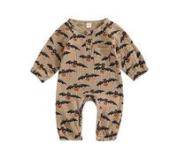 Siyova Baby Boy Girl Halloween Romper Cute Pumpkin/Ghost Print Long Sleeve Jumpsuit Overall Costume Halloween Toddler Bodysuit Casual (Khaki Bat, 6-12 Months)