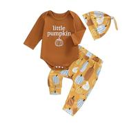 Siyova Baby Boy Halloween Outfit Long Sleeve Rompers Letter Pumpkin Print Pants Hat 3Pcs Clothes Set Toddler Halloween Costume (Brown, 12-18 Months)