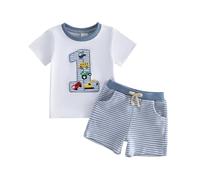 Siyova Baby Boys First Birthday Outfits Helicopter Machine Embroidery Round Neck Short Sleeve T-Shirts Stripe Shorts 2Pcs Infant Summer Clothes Set (White, 12-18 Months)