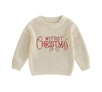 Siyova Baby Boys Girls Christmas Jumpers Knitted Sweaters Long Sleeve Letter Print Pullover Knitwear Toddler My First Christmas Outfits Winter Clothes (Beige, 6-9 Months)
