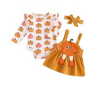 Siyova Baby Girl Halloween Outfits 3Pcs Long Sleeve Romper Pumpkin/Ghost Print Suspender Skirt Headband Clothes Set Costume Halloween Toddler Dress (Yellow, 6-12 Months)