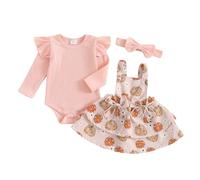 Siyova Baby Girl Halloween Outfits 3Pcs Long Sleeve Romper Pumpkin/Ghost Print Suspender Skirt Headband Clothes Set Costume Halloween Toddler Dress (Dark Pink, 6-12 Months)