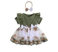 Siyova Baby Girl Romper Dress Long Sleeve Floral Embroidery Tulle Patchwork Romper with Headband Toddler Princess Dresses Autumn Winter Outfits (Green Short Sleeve, 0-3 Months)