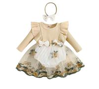 Siyova Baby Girl Romper Dress Long Sleeve Floral Embroidery Tulle Patchwork Romper with Headband Toddler Princess Dresses Autumn Winter Outfits (Apricot, 6-12 Months)