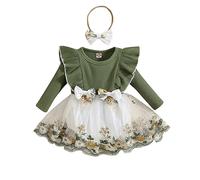 Siyova Baby Girl Romper Dress Long Sleeve Floral Embroidery Tulle Patchwork Romper with Headband Toddler Princess Dresses Autumn Winter Outfits (Green, 12-18 Months)