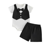 Siyova Infant Baby Boy Gentleman Outfits Fake Two Pieces Waistcoat Short Sleeve Romper with Solid Shorts Set 2 Pcs Newborn Summer Clothes (Black, 0-3 Months)