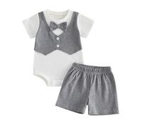 Siyova Infant Baby Boy Gentleman Outfits Fake Two Pieces Waistcoat Short Sleeve Romper with Solid Shorts Set 2 Pcs Newborn Summer Clothes (Gray, 3-6 Months)