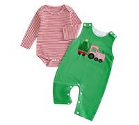 Siyova Infant Baby Boy Girl Christmas Outfit Long Sleeve Romper and Santa Embroidered Overall Pants 2Pcs Set Newborn Christmas Clothes (Red Green, 0-3 Months)