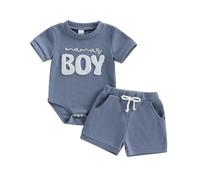 Siyova Infant Baby Boy Summer Outfits Mamas Boy Letter Embroidered Crew Neck Short Sleeve Romper and Shorts 2 Pcs Set Casual