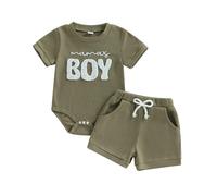 Siyova Infant Baby Boy Summer Outfits Mamas Boy Letter Embroidered Crew Neck Short Sleeve Romper and Shorts 2 Pcs Set Casual