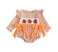 Siyova Infant Baby Girl Halloween Romper Long Sleeve Crew Neck Bow Pumpkin Embroidery Plaid Bodysuit Newborn Halloween Outfit (Orange Stripes, 0-3 Months)