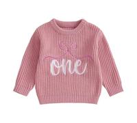 Siyova Infant Baby Girls Birthday Sweater Long Sleeve Letter Bow Embroidery Crew Neck Pullovers Knitwear Newborn 1st Birthday Clothes Fall Tops (Dark Pink, 6-12 Months)