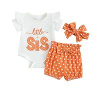 Siyova Infant Baby Girls Summer Outfits Short Sleeve Letter Print Romper+Shorts+Headband Newborn Girls 3Pcs Clothes Set (Orange Polka Dots, 12-18 Months)
