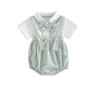 Siyova Newborn Baby Boy Romper Short Sleeve Turn-down Collar Plaid Bodysuit with Bow Tie Infant Summer Jumpsuit Clothes (Green, 6-12 Months)
