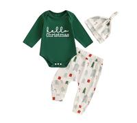 Siyova Newborn Baby Boys Girls Christmas Outfits 3 Piece Long Sleeve Romper+Pants+Hat Infant Toddler My First Christmas Fall Winter Clothes Set (Green, 0-3 Months)