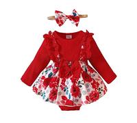 Siyova Newborn Baby Girl Rompers Long Sleeve Jumpsuits Skirt Flower Infant Cute Outfits Headband for Little Girl Princess Fall Autumn Winter Clothes (D-Red, 0-3 Months)