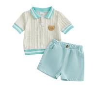 Siyova Toddler Baby Boy Summer Outfit Short Sleeve Cute Bear Embroidered Lapel Cable Knit Tops and Solid Shorts Little Boys 2 Piece Shorts Set Casual
