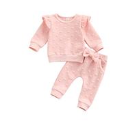 Siyova Toddler Baby Girl 2Pcs Outfits Ruffle Long Sleeve Pullover Tops Sweatshirt Pants Set Cute Print Fall Spring Clothes Sweatsuit Tracksuit Daywear (Light Pink, 12-18 Months)