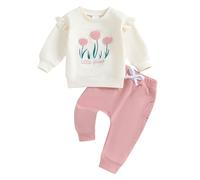 Siyova Toddler Baby Girl 2Pcs Outfits Ruffle Long Sleeve Pullover Tops Sweatshirt Pants Set Cute Print Fall Winter Spring Clothes Sweatsuit Tracksuit (White Pink, 3-6 Months)