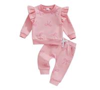 Siyova Toddler Baby Girl 2Pcs Outfits Ruffle Long Sleeve Pullover Tops Sweatshirt Pants Set Cute Print Fall Winter Spring Clothes Sweatsuit Tracksuit (Pink Bow, 2-3 Years)