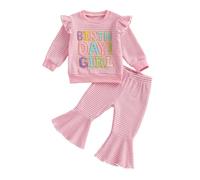 Siyova Toddler Baby Girl Birthday Outfit 2Pcs Ruffle Long Sleeve Letters Embroidery Sweatshirt+Bell Bottom Pants Set Little Girls Spring Fall Clothes