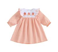 Siyova Toddler Baby Girl Halloween Dress Pumpkin/Ghost Embroidered Ruffle Long Sleeve A-line Striped Dress Little Girls Cute Fall Clothes (Orange, 6-12 Months)