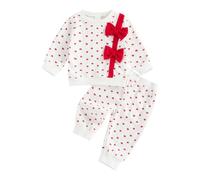 Siyova Toddler Baby Girl Valentine’s Day Outfits 2Pcs Long Sleeve Bow Front Sweatshirt + Pocket Pants Set Little Girls Cute Valentines Clothes (White, 3-6 Months)