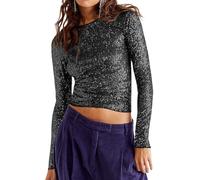 Siyova Women Long Sleeve Sequin Tops Casual Party Shimmer Embellished Shirt Slim Fit Basic Top Blouse Pullover Club Streetwear (Black with Silver Sequins, L)