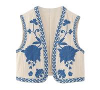 Siyova Women Vest Sleeveless Vintage Cardigan Floral Embroidered Open Front Crop Top Summer Boho Retro Waistcoat Women Gilet Casual Street (Blue, L)