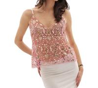 Siyova Women's Sequin Tank Tops Sexy Summer Sleeveless Spaghetti Strap Crop Top V-Neck Slim Fit Sheer Camisole Party Club Vest Tops Streetwear (Pink Gold, XL)