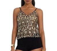 Siyova Women's Sequin Tank Tops Sexy Summer Sleeveless Spaghetti Strap Crop Top V-Neck Slim Fit Sheer Camisole Party Club Vest Tops Streetwear (Black Gold, XL)