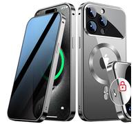 SIYUKBM [Full Camera Protection& Mechanical Lock] Magnetic Privacy Case for iPhone 15 Pro Max[Compatible with MagSafe] [CD Metal Ring] Full Body Metal Bumper, 9H Anti Peeping Glass Cover-Grey