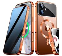 SIYUKBM [Full Camera Protection& Mechanical Lock] Magnetic Privacy Case for iPhone 17 [Compatible with MagSafe] [CD Metal Ring] Full Body Shockproof Metal Bumper, 9H Anti Peeping Glass Cover-Orange