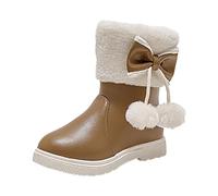 Size 10 Girls Winter Boots Faux Fur Lined Combat Ankle Boots Side Zipper PU Leather Riding Boot with Bowknot Pompom Boot Dress Shoes Fuzzy Warm Short Snow Booties for Toddler Little Big Kid Khaki